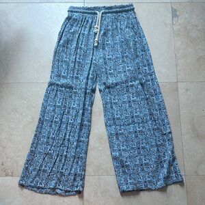 Blue Patterned Wide-Leg Women's Pants